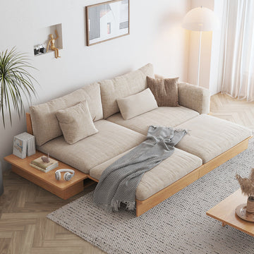 Modern Solid Wood Upholstered Cotton Linen Sofa Beige Folding sofa bed